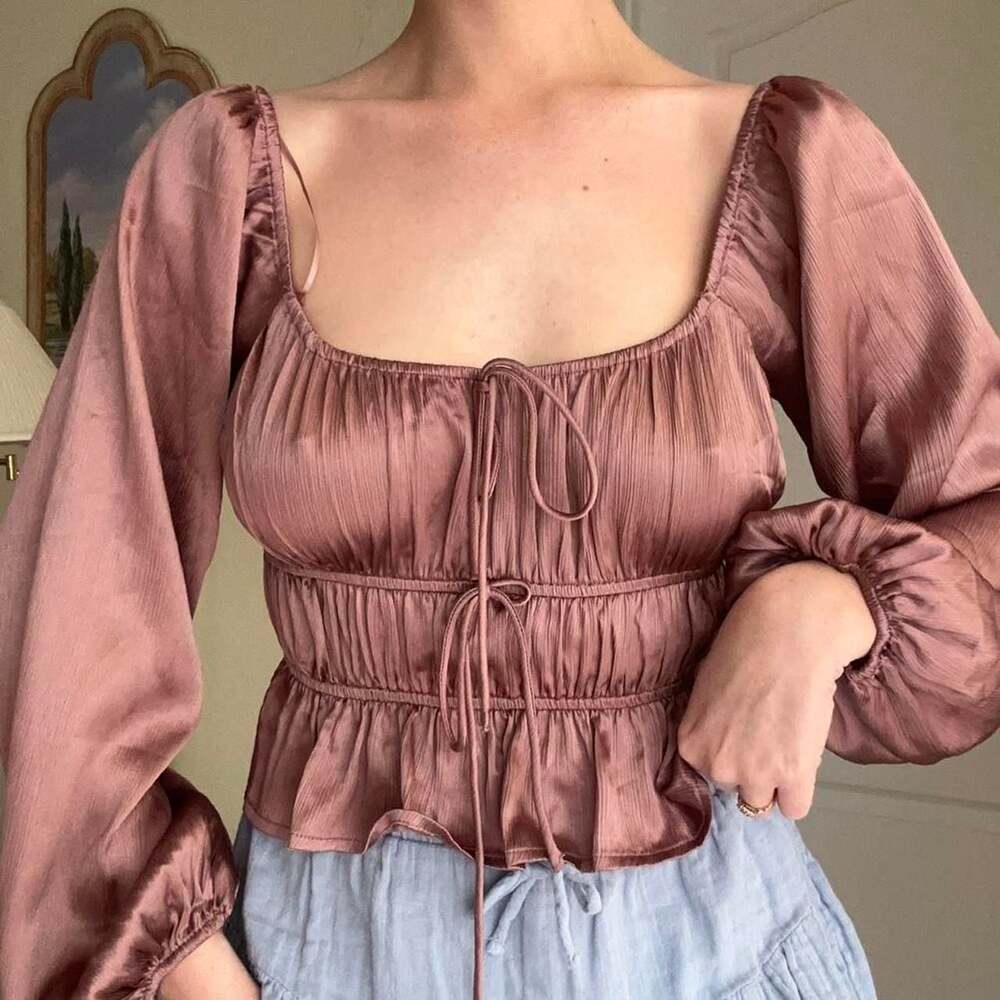 All in favor Mauve Satin Long Sleeve Tie Front Blouse